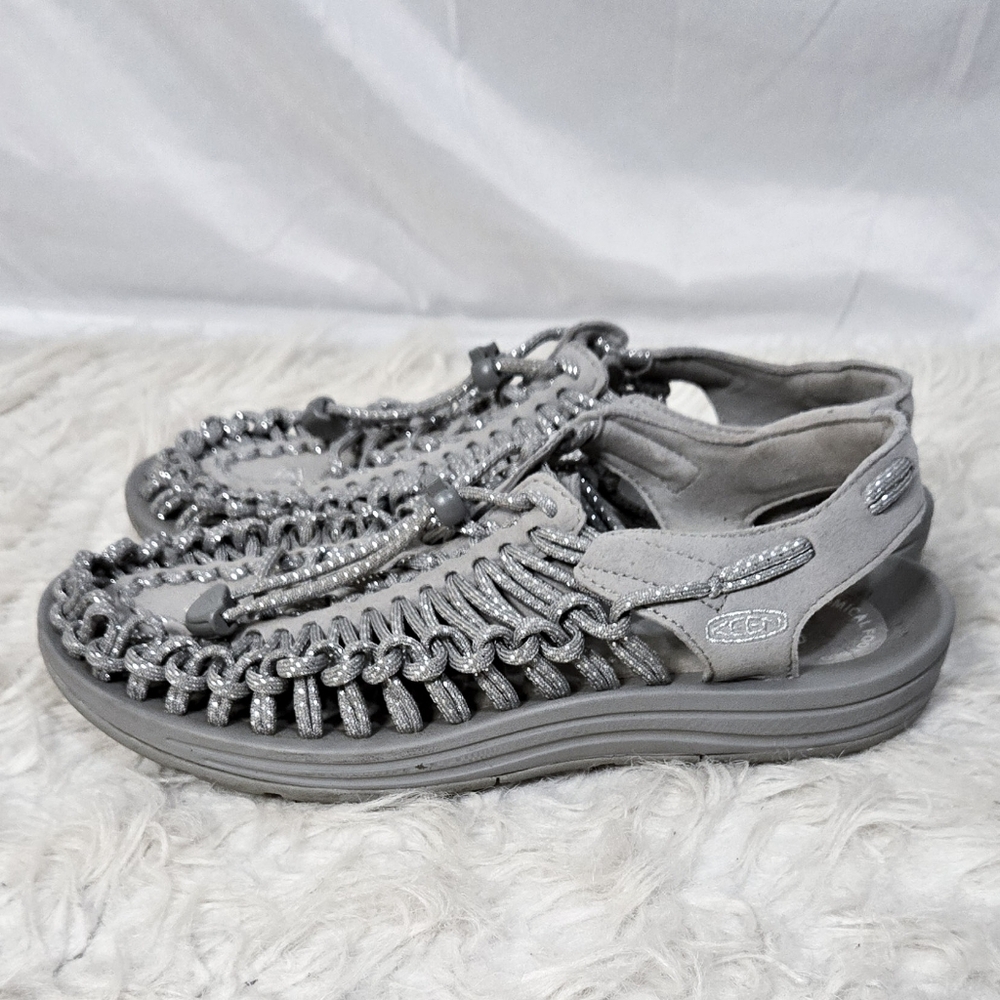 Keen Uneek Two Cord Sandals Silver Gray Metallic Hiking Gorpcore Drawstring - Picture 3 of 7